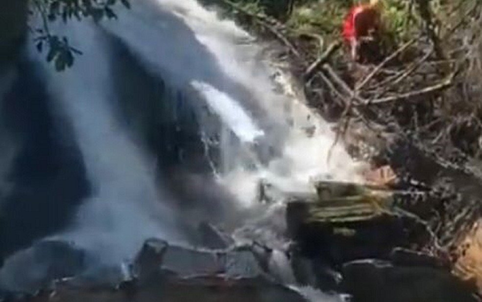 Cachorro é adotado por turista após cair do topo de cachoeira e ficar preso às margens, em Pirenópolis.